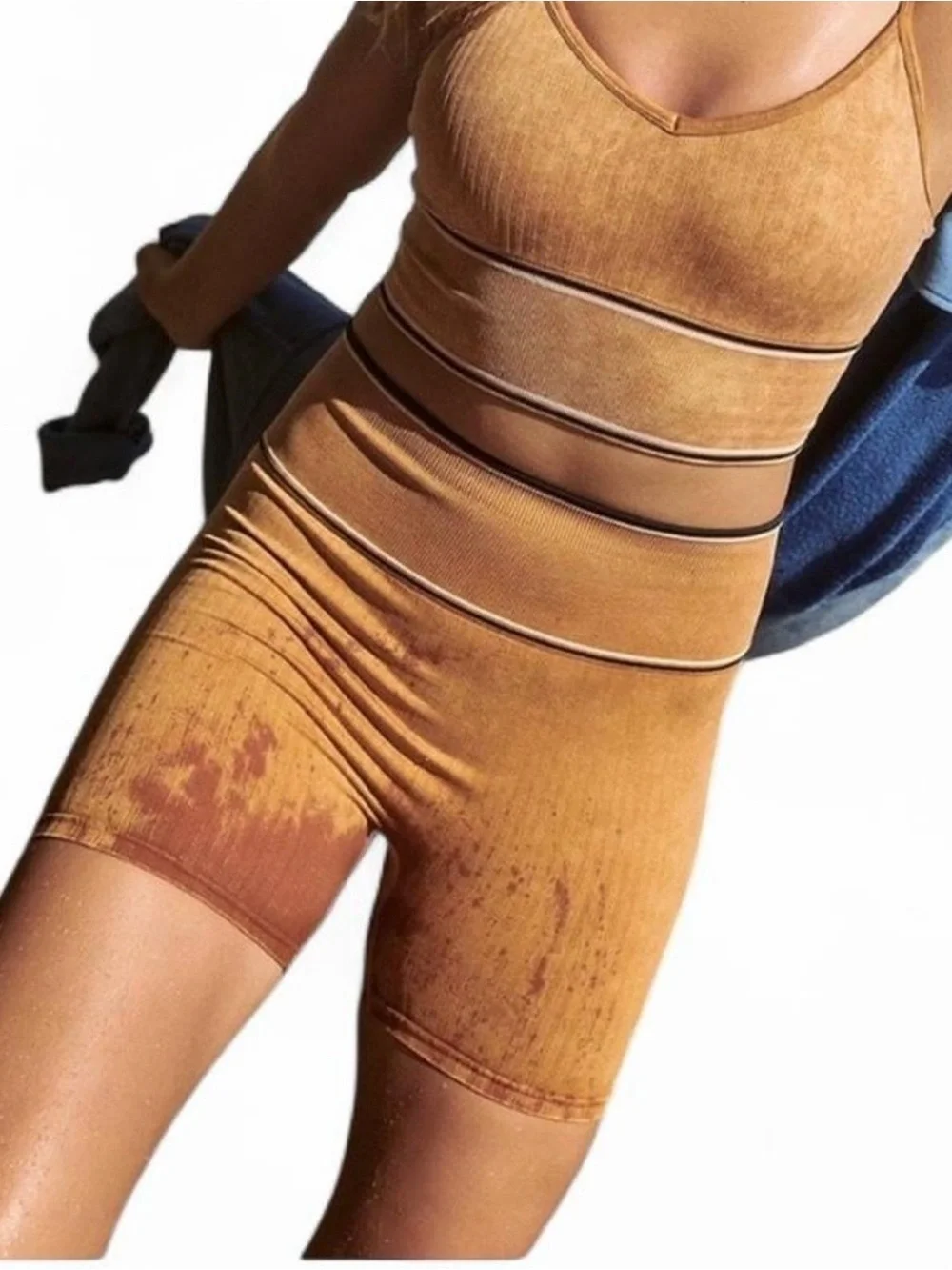 Free People Varsity Ribbed Athletic Bike Shorts with Blue Contrast Waistband